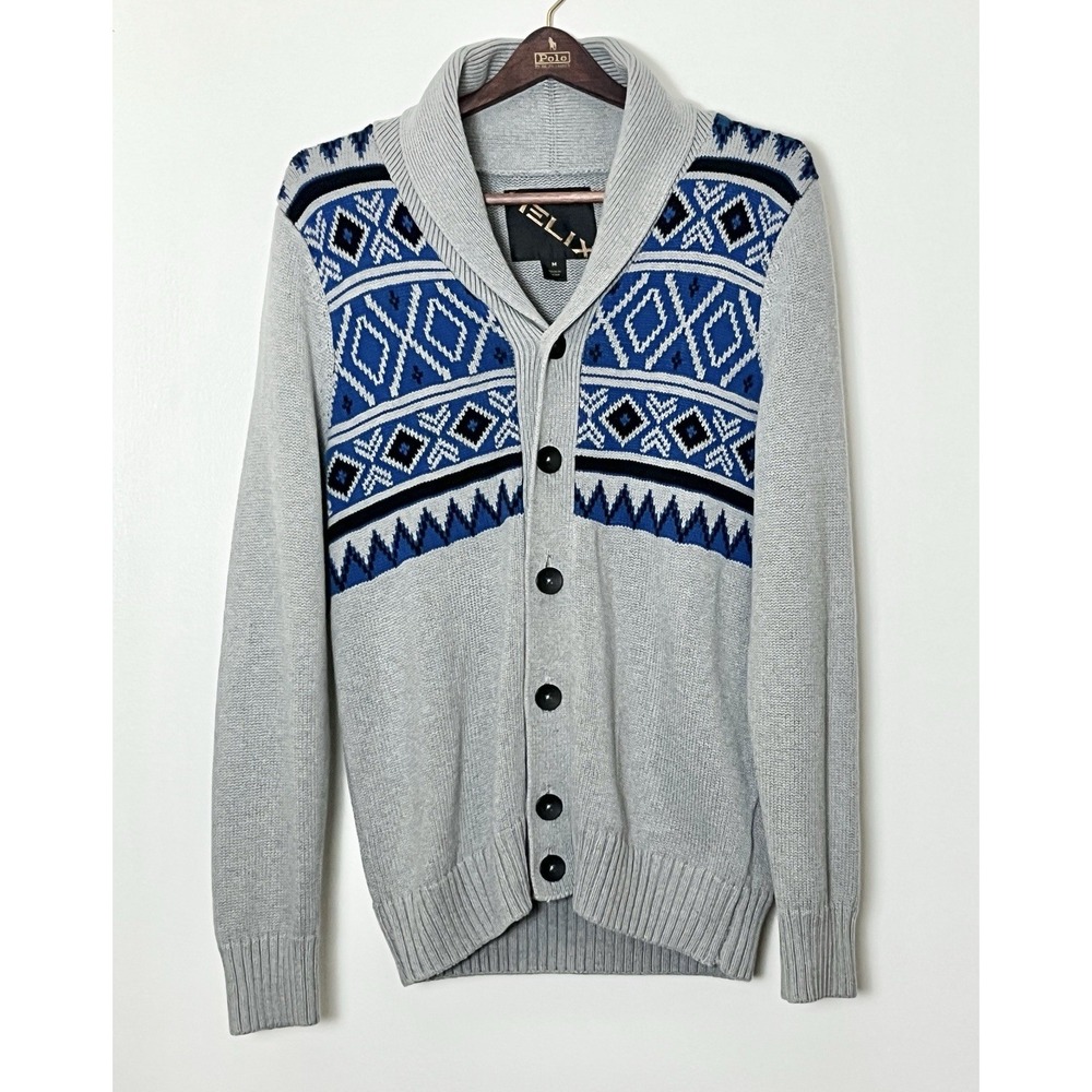 Helix Cardigan Sweater‎ Men's Medium Gray Aztec Cozy Grandpa Southwestern